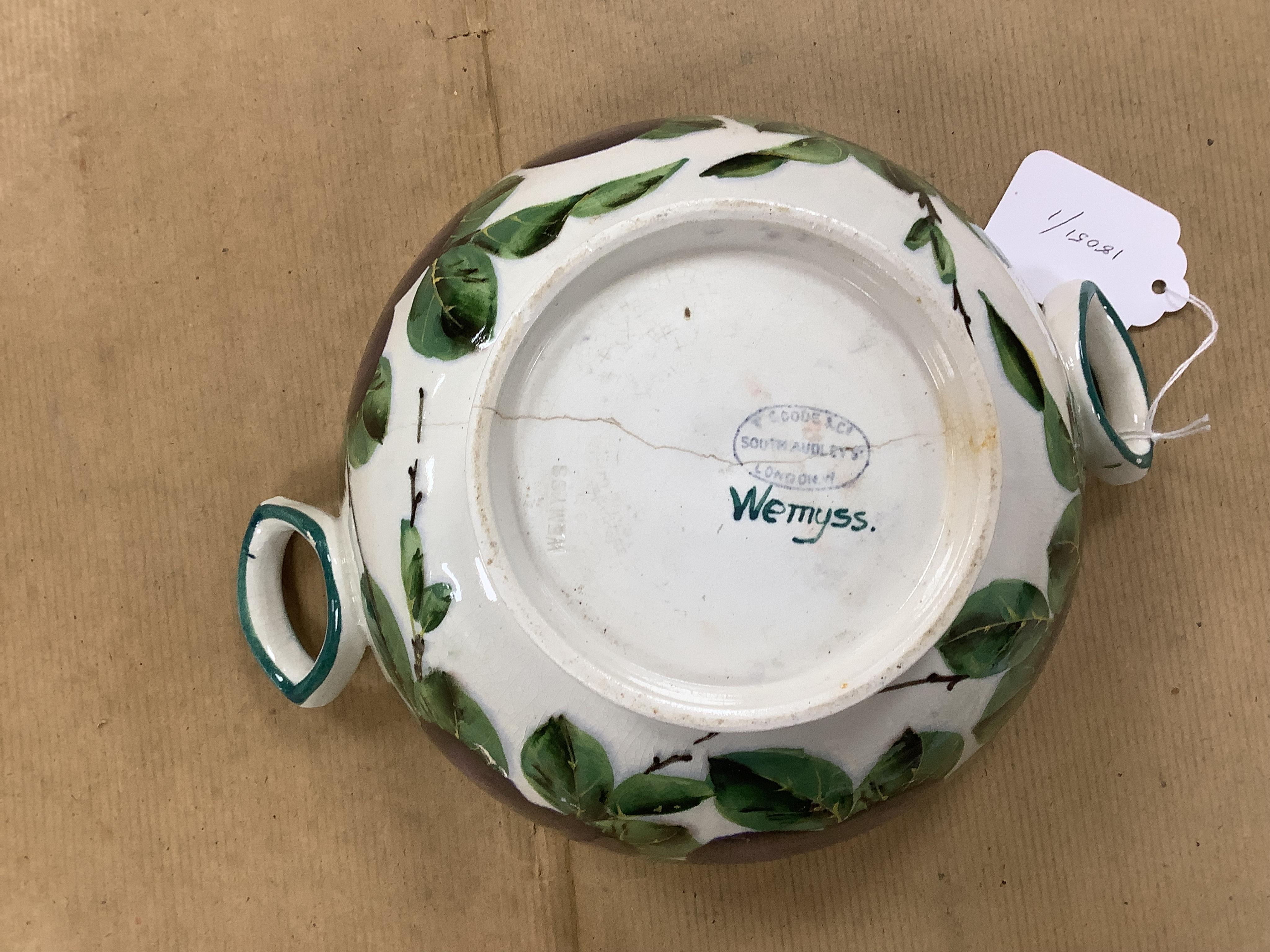 A Wemyss four-piece toilet set, a jug and basin, soap dish with liner, and bowl, damson pattern. Basin 39cm diameter., Condition - poor
